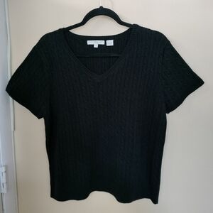 Pria Womens Cotton Black Short Sleeve V Neck Cable Knit Sweater XL Preppy Office